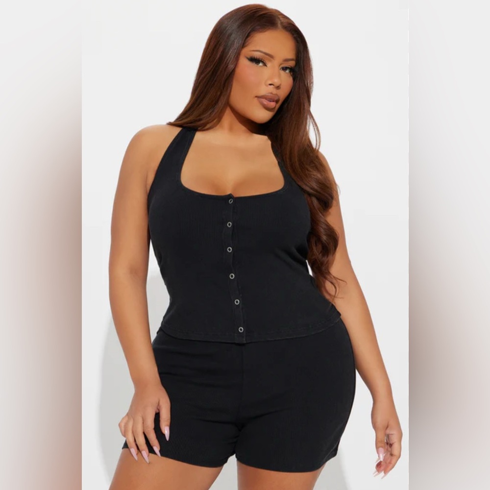 Fashion Nova Callie Washed Black Halter and Biker Short Set Size Medium‎ NWT